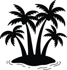 Tropical palm tree island silhouette with ocean waves. Minimal beach landscape design with exotic vacation theme. Summer travel graphic element for tourism, holiday, and creative design.  © NisatFarjana