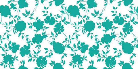 Fototapeta premium Teal floral silhouette pattern with leaves and blossoms. Minimal botanical background with dense repeating plant shapes. Seamless nature texture for wallpaper, textile, and surface design. 