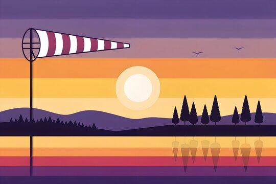 A beautifully stylized vector illustration capturing the serene ambiance of an evening landscape featuring a prominent windsock standing tall against a vibrant striped sky reflecting on calm water, wi