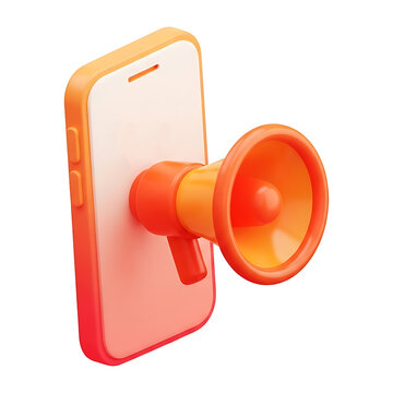 A 3D orange megaphone bursting sideways through a smartphone screen represents mobile marketing and digital promotion