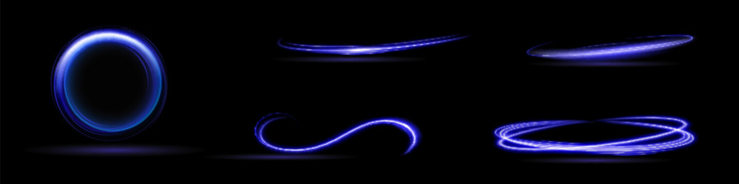 Neon swirl. Curve blue line light effect. Abstract ring background with glowing swirling background. Energy flow tunnel. Blue portal, platform. Magic circle vector.