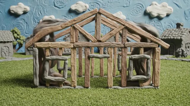 A creative stop motion animation of a house frame made of brown and grey clay growing from the grassy ground. Hand-crafted miniature construction process in a plasticine world.