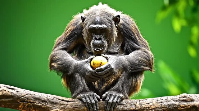 Gorilla sitting on branch with fruit.