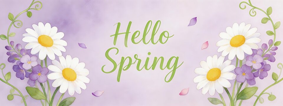 Watercolor illustration of a 'Hello Spring' banner with daisies, violets, petals, and floral elements on a soft purple background. Perfect for seasonal greetings.