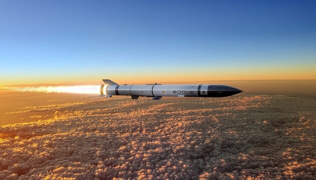 Military missile flying high above golden clouds during sunset, bright engine flare and smoke trail, cinematic aerospace defense technology, advanced weapon system in flight.