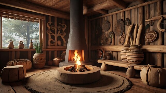 Mapuche ruka interior with large hearth and traditional wooden sculptures, 3D render