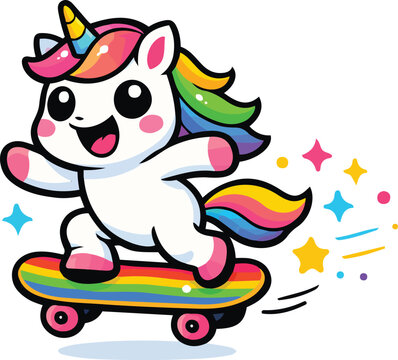 Cute Rainbow Unicorn Riding Skateboard with Sparkles Cartoon