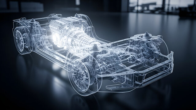 Futuristic 3D X-Ray Rendering of a Car Chassis and Engine System