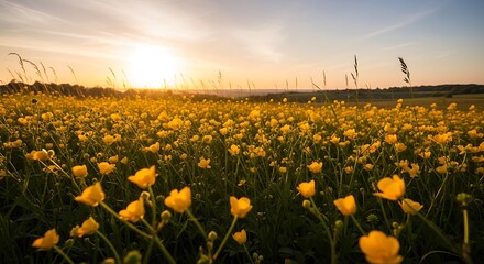 Fototapeta premium A serene field of yellow flowers at sunset.