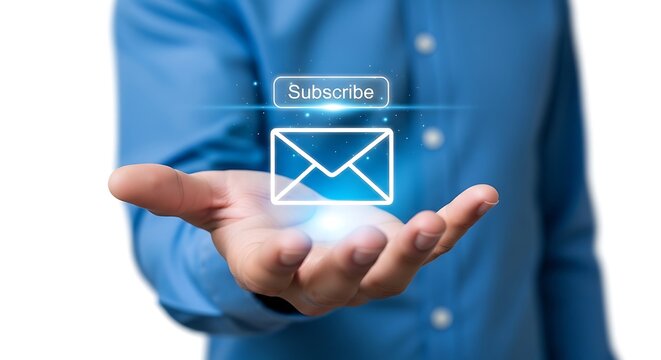 Hand holding glowing email icon with subscribe button on white background.