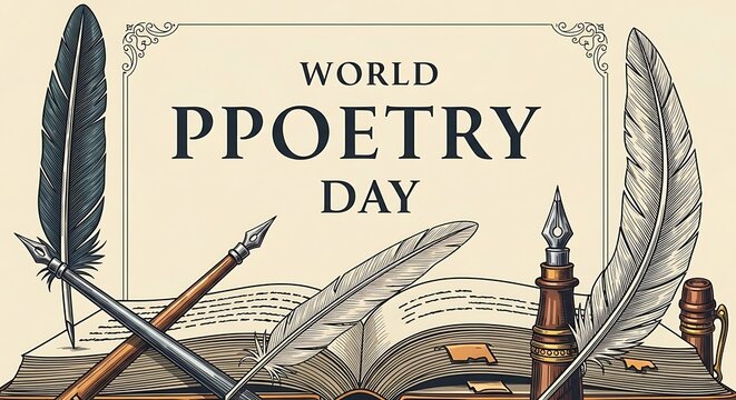 Vintage illustration celebrating world poetry day with quills and books
