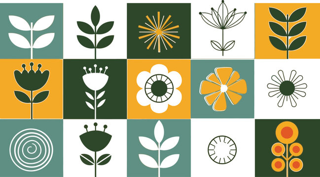 Scandinavian floral motif uses cheerful yellow and deep forest green squares displaying simple white line drawings of blossoms.
