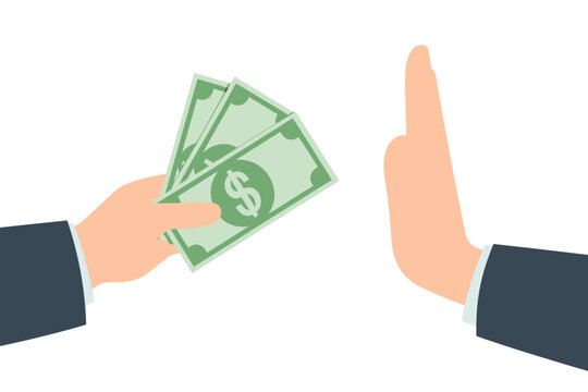 Corruption prevention and anti-bribery illustration, flat vector design showing bribery attempt, one businessman offering cash while other rejects with hand stop gesture, promoting honesty, integrity 