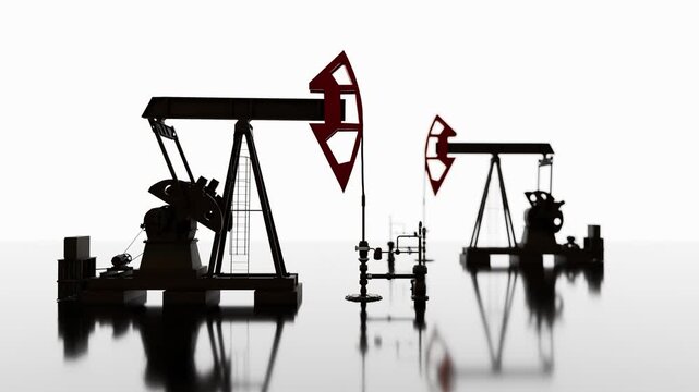 3D models of oil pumps on a minimalistic background. It is ideal for presentations on the oil and gas industry, energy investments, and oil market analysis.