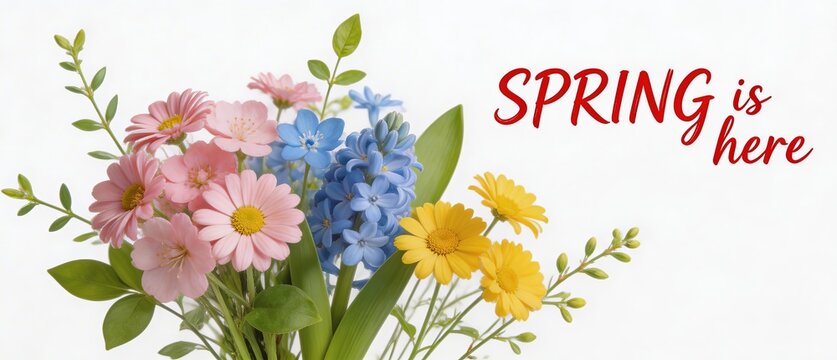 Vibrant spring flower bouquet with pink, blue, and yellow blooms, green leaves. Text 'SPRING is here' conveys seasonal arrival, ideal for spring-themed designs.