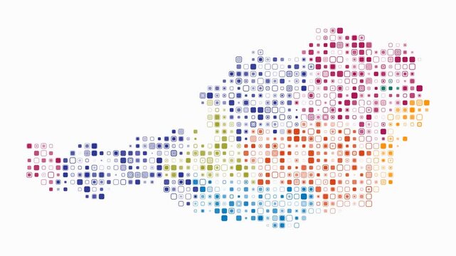 Austria map animation. Shape of the country with pulsating colored dots. Small size rounded square blocks. Digital style Austria map on white background. Vibrant video.