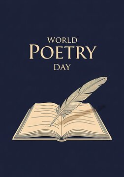 World poetry day illustration with open book and feather quill on dark blue background