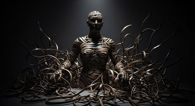 Eerie Humanoid Figure Emerging from Dark Tentacles in Dramatic Lighting.