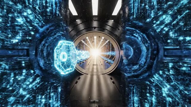 Digital web3 secure data vault corridor with glowing hologram key unlocking futuristic server room and glowing circuit patterns streaming light trails