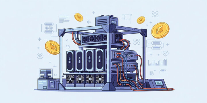 Cryptocurrency Mining Rig Illustration with GPU Mining Farm, Blockchain Technology, Ethereum Coins, Digital Currency Processing, and Crypto Mining Hardware Vector Concept