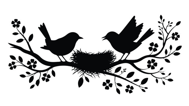 Silhouette of two birds on a tree branch with a nest and flowers