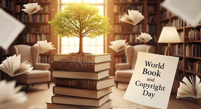 World book and copyright day celebration with tree on stacked books