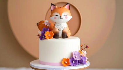 Fototapeta premium Adorable Fox Themed Birthday Cake for a Childs Celebration.