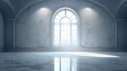 Fototapeta premium Elegant empty room with arched window and marble floor bright interior
