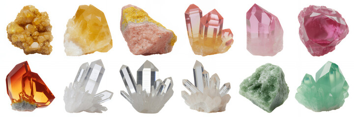 Fototapeta premium Various colorful crystals and gemstones on white background minerals rocks