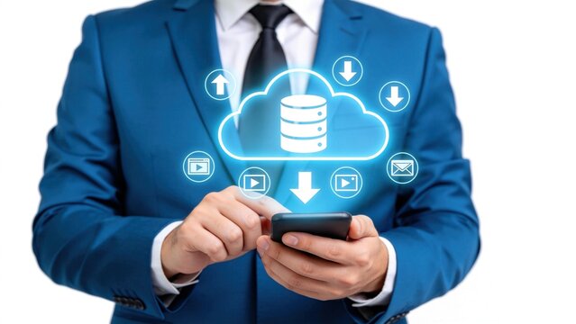 Cloud data storage and synchronization concept,businessman using smartphone with secure server database icon,backup upload and download technology for enterprise communication