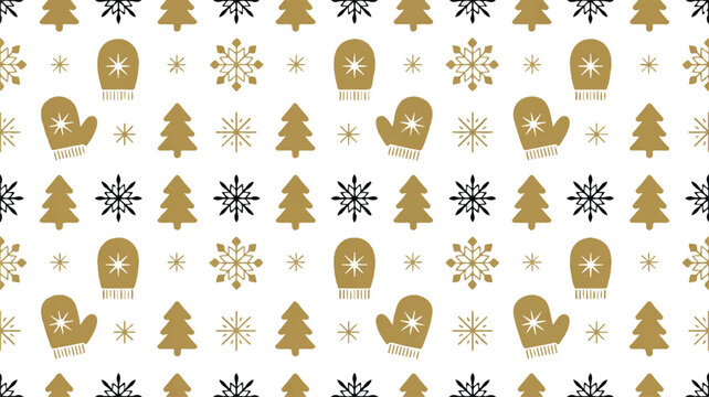 winter holiday seamless pattern with mittens trees and snowflakes on white background