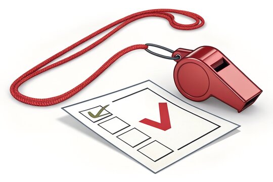 A vibrant red coach's whistle, attached to its matching lanyard, rests beside a crisp white checklist document featuring a green checkmark and a prominent red cross. This visual symbolizes the critica