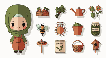 Obraz premium Adorable cartoon girl in hijab, dressed as a gardener, with a collection of organic farming and nature-themed icons. Cute vector illustration.
