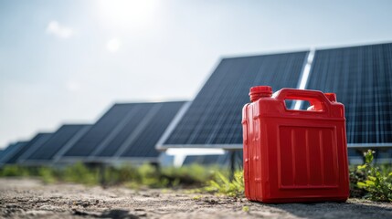 Fototapeta premium Solar Panels with Out-of-Focus Fuel Canister