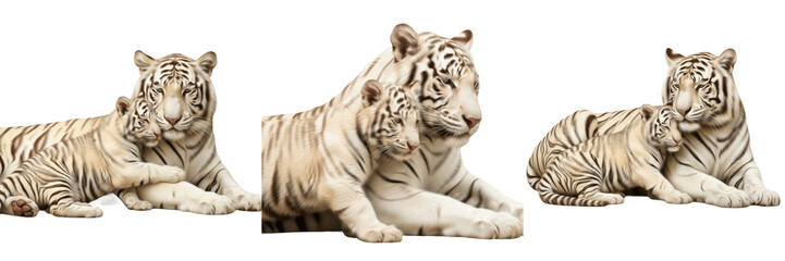 Fototapeta premium White Tiger and Baby Cub PNG, Isolated Rare Tiger Mother and Kitten on Transparent Background, Jungle Wildlife Animal Clipart.