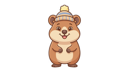 Fototapeta premium Cute fluffy cartoon quokka wearing a knitted winter hat, adorable marsupial character illustration
