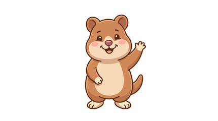 Obraz premium Cute cartoon brown quokka waving hello with a friendly smile, standing on a white background