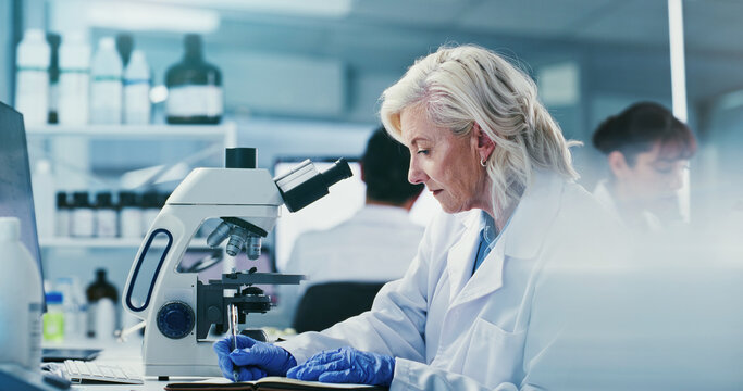 Scientist, woman and writing in lab with notebook, experiment results or info for medical research. Coworking, mature person and notes in clinic with science investigation, healthcare study or report
