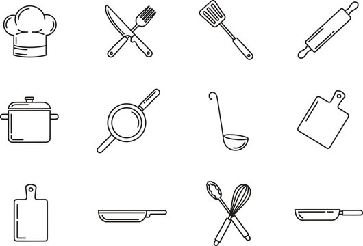 Cooking utensils and chef hat icons set with rolling pin