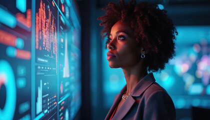 Obraz premium Woman analyzes holographic data charts. She studies glowing screen with graphs, numbers. Future tech meeting explores digital innovation, business growth insights.