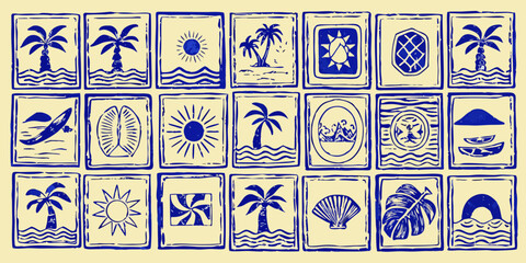 Collection of blue linocut cards featuring tropical and celestial motifs © Bijon