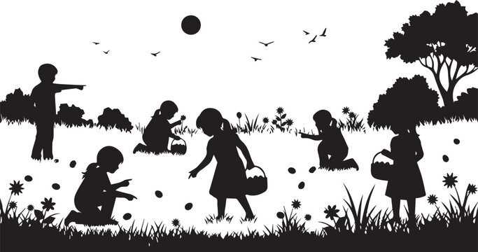 Black Silhouette Children Easter Egg Hunt Activity Vector Illustration