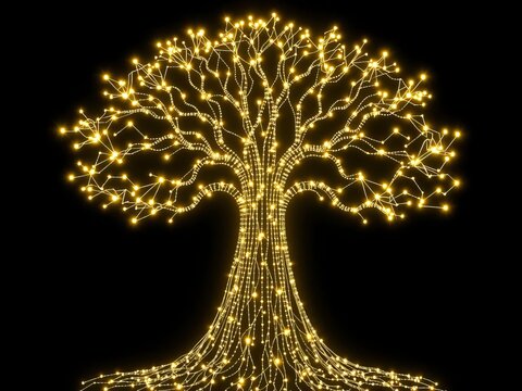 Digital rendering of a stylized binary tree with illuminated nodes forming a luminous, intricate web against a dark background, symbolizing data flow and interconnectedness,  dark,  glowing