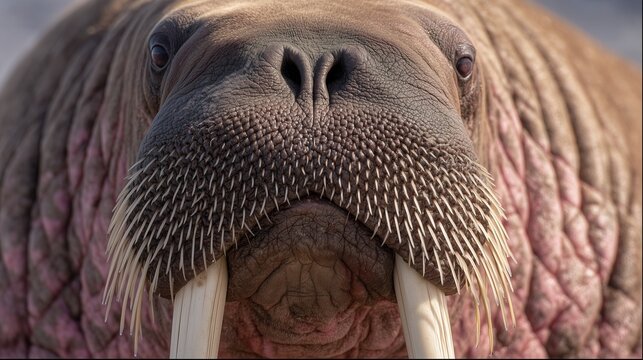 Close-up of a walrus face with large tusks and thick whiskers