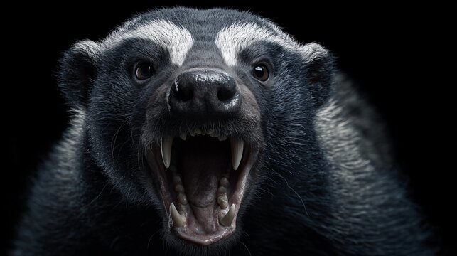 Fierce honey badger roaring with open mouth and sharp teeth, cinematic wildlife