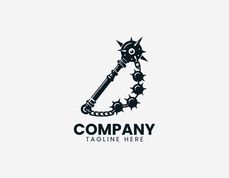 Medieval flail weapon with spiked ball chain in clean modern historical warrior vector illustration style