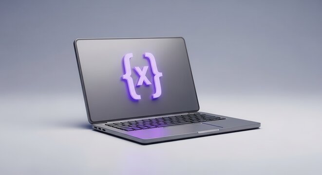 Modern portable computer displaying stylized code syntax symbol on illuminated screen against soft background