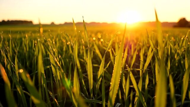 Green wheat field at sunset time.