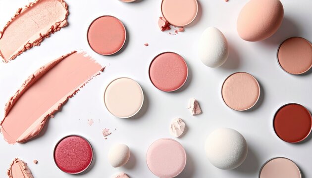 Flat lay of various makeup products and swatches on a white background.