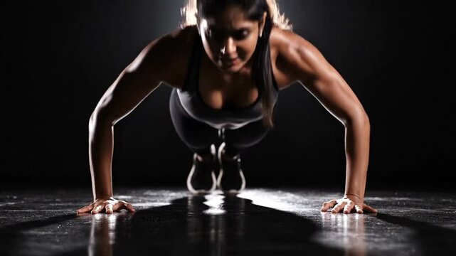 Fitness woman doing push up exercise.